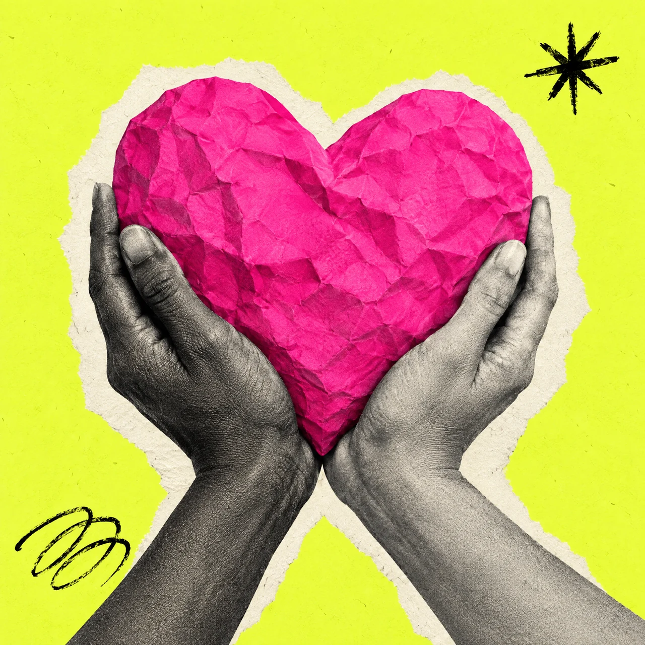 Collage de dos manos que sostienen juntas un corazón rosa sobre un fondo amarillo ácido.